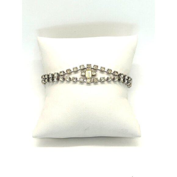 Vintage Clear Rhinestone Bracelet With Double Row Design & Center Baguette Stone - Picture 2 of 10
